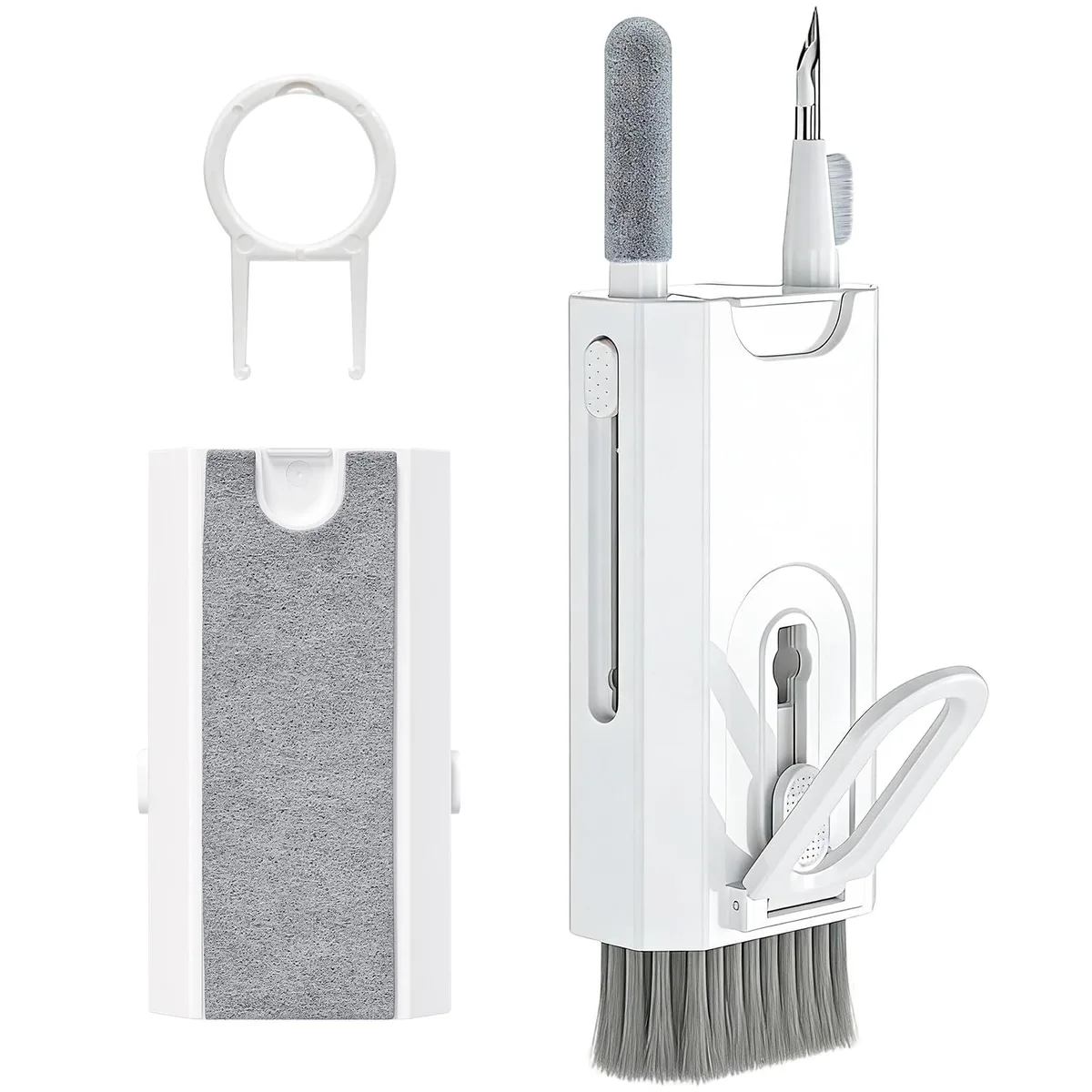 White rectangular cleaning kit with retractable brush, keycap puller, cloth and spray bottle inside