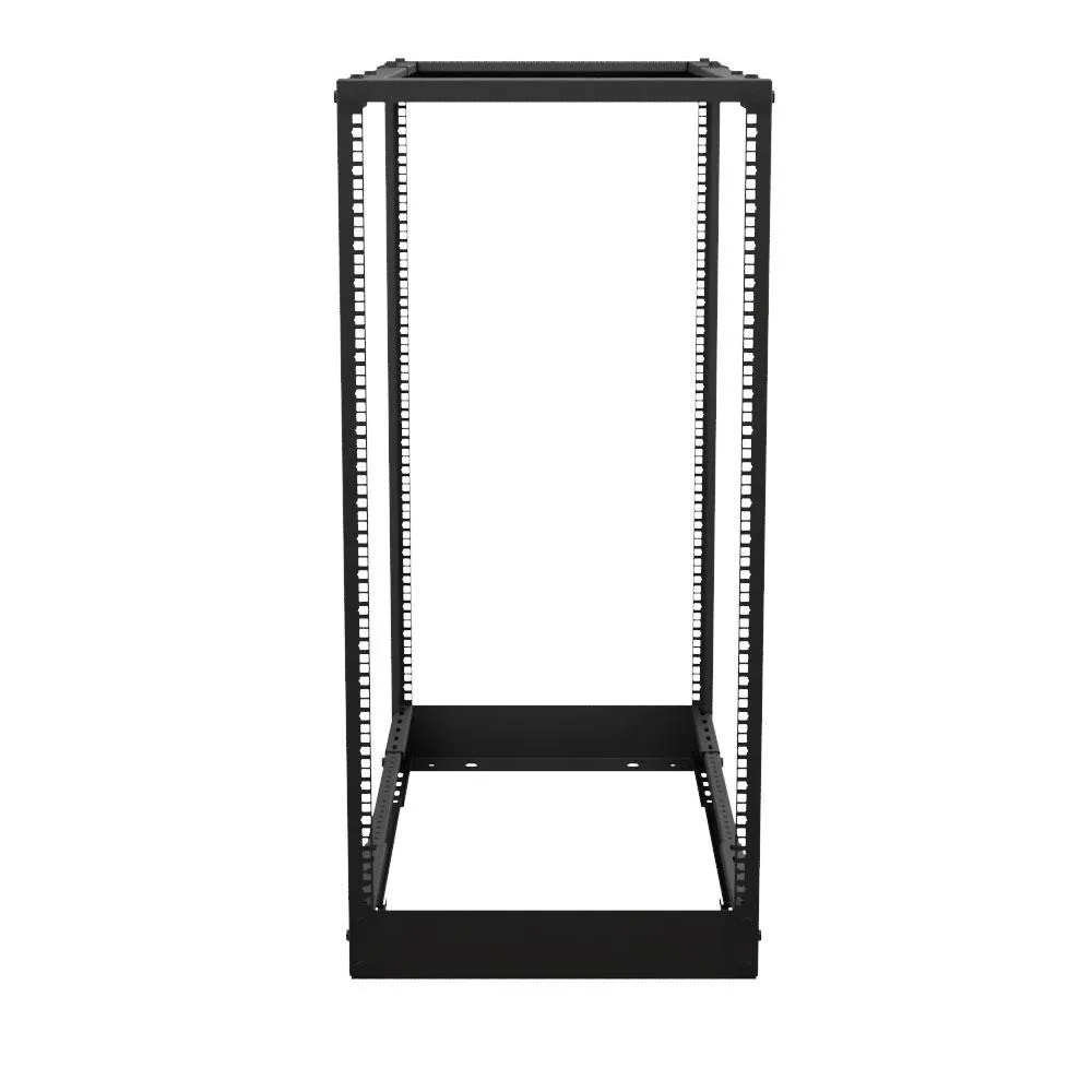 Black 22U four-post open server rack, adjustable depth 22 to 40 inches, 14-gauge steel with powder coat