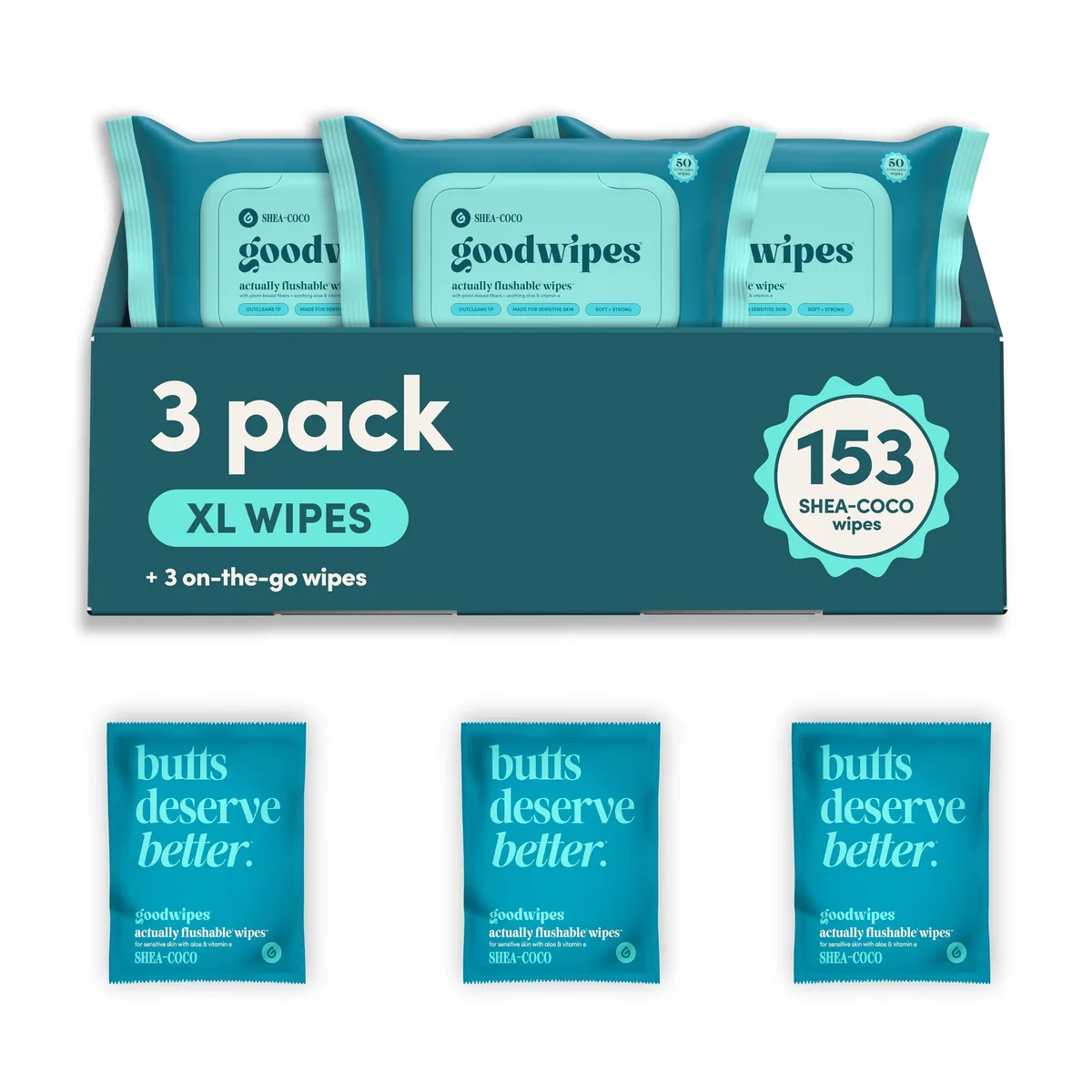 Three rectangular packs of Shea Coco flushable wipes with flip-top lids, plus three single sachets