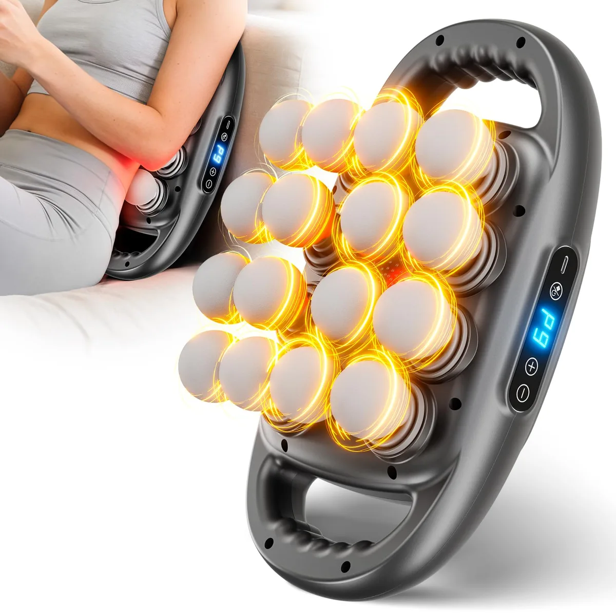 Blue handheld massage gun with grey plastic body and digital display