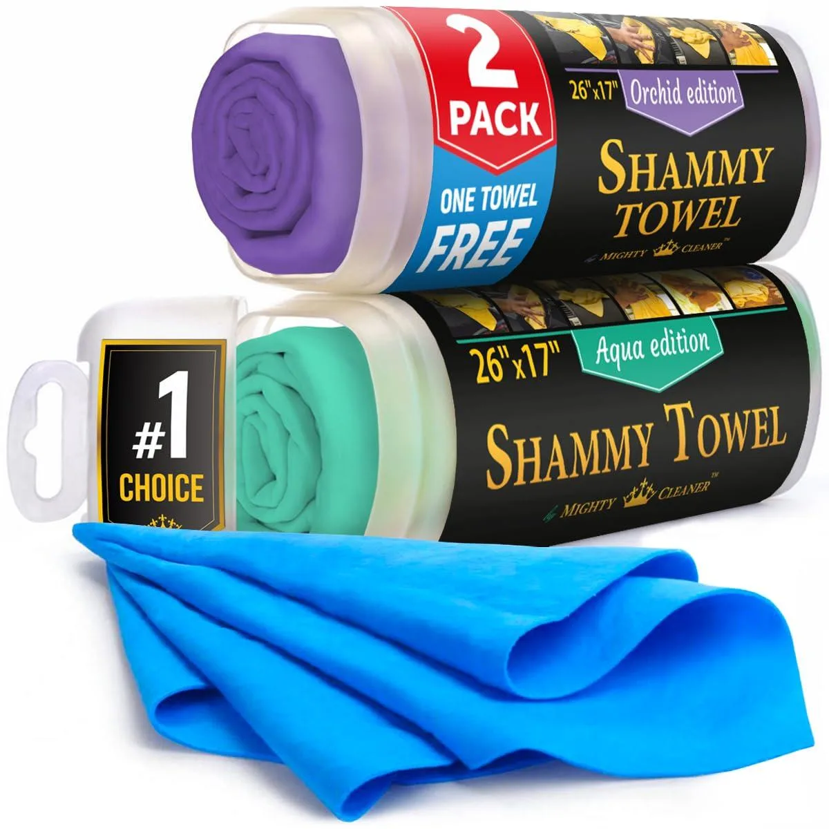 Three rectangular PVA shammy cloths in purple, blue and mint, 26 by 17 inches, packed in a cardboard box