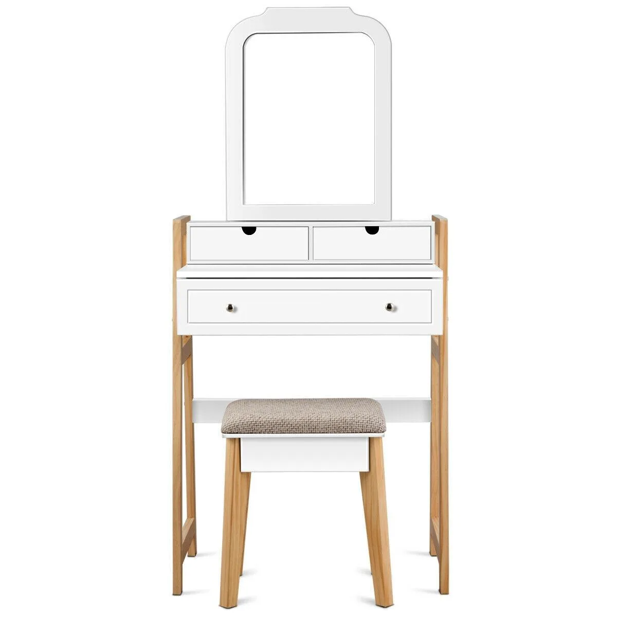 White vanity table with three drawers, two-tier top, large mirror and matching cushioned stool