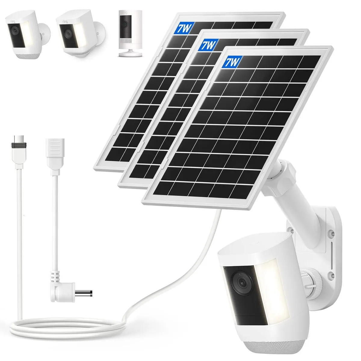 Three white solar panels with adjustable wall mounts for Ring cameras