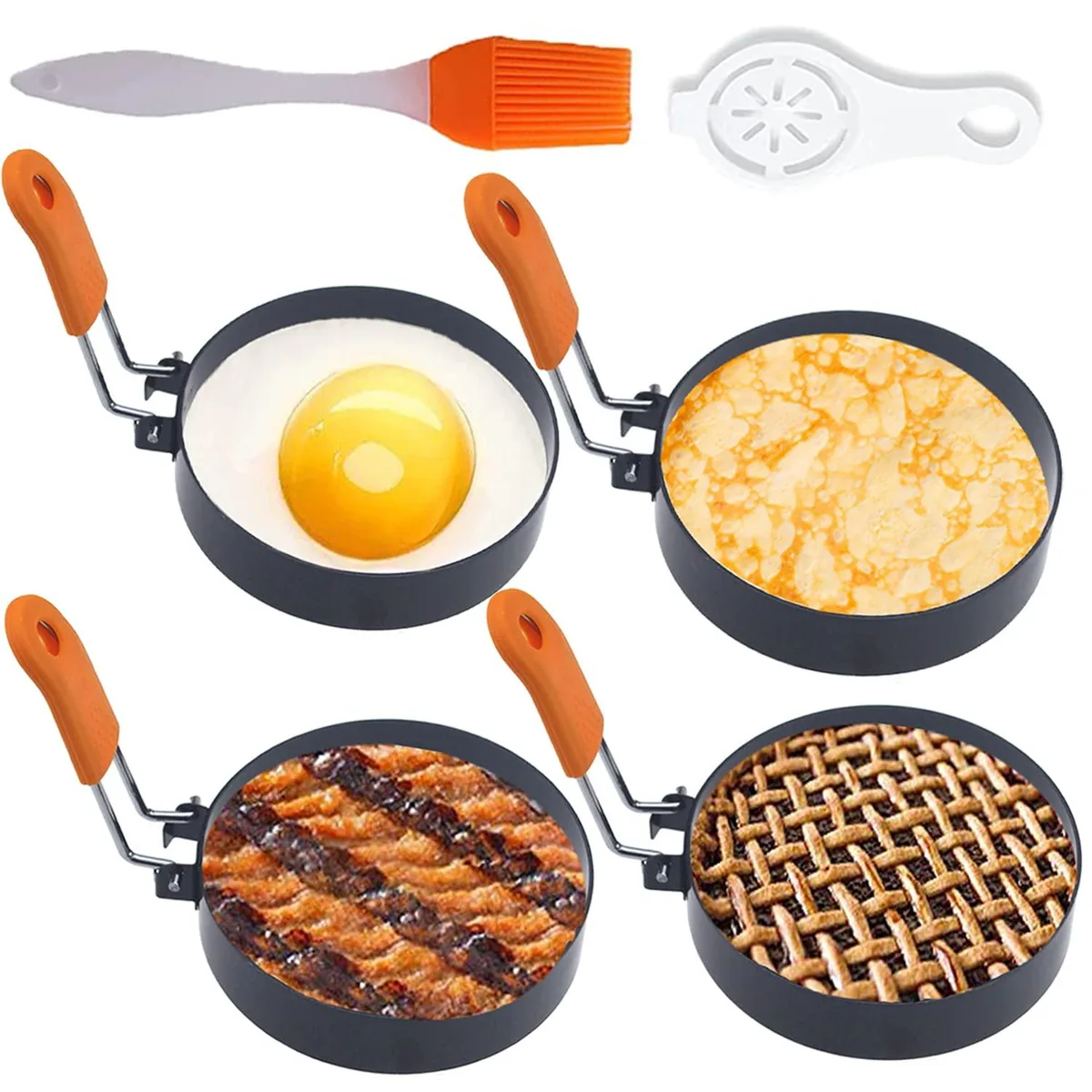 Four stainless steel egg rings with orange handles plus oil brush and egg separator