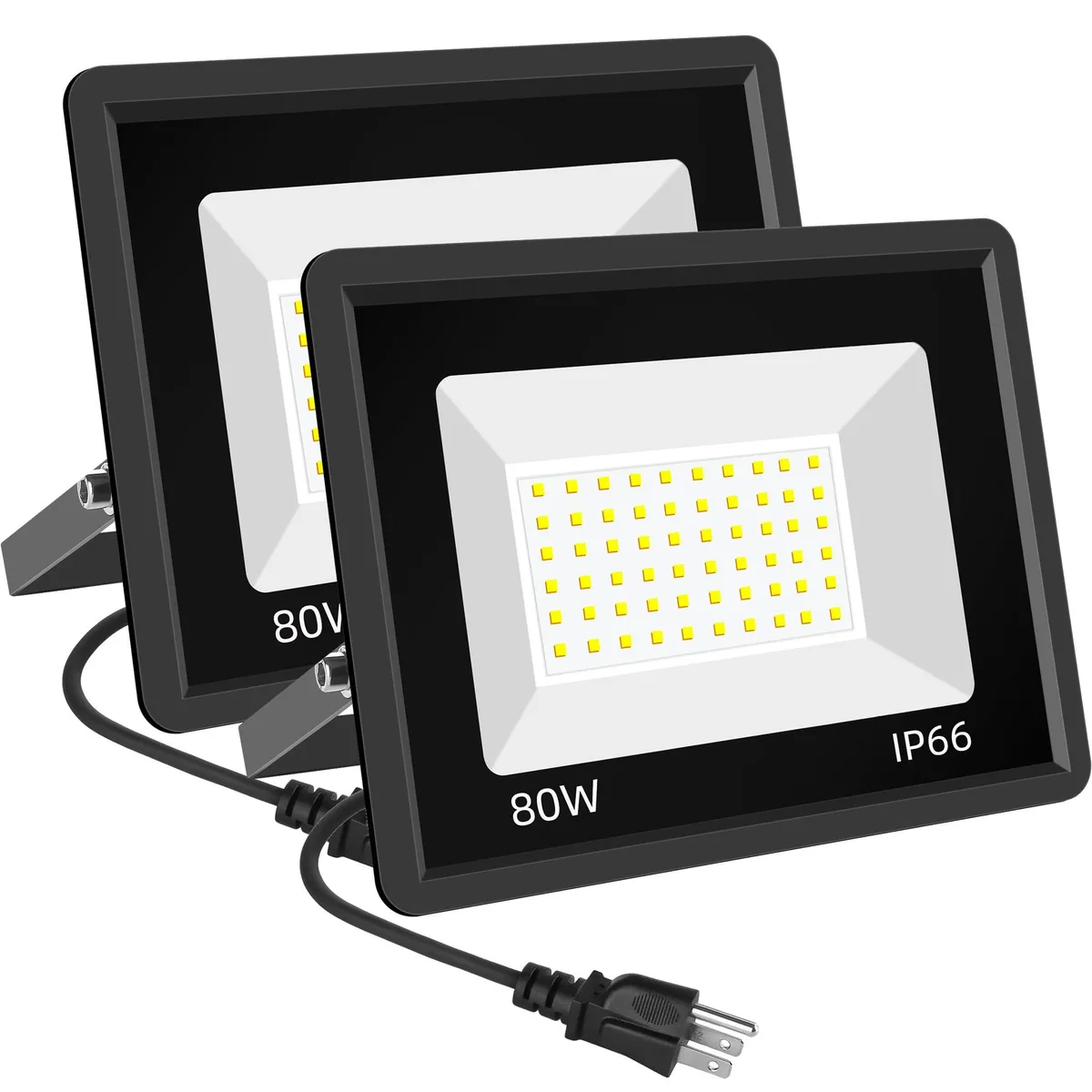Two matte black LED floodlights with adjustable brackets and plugs