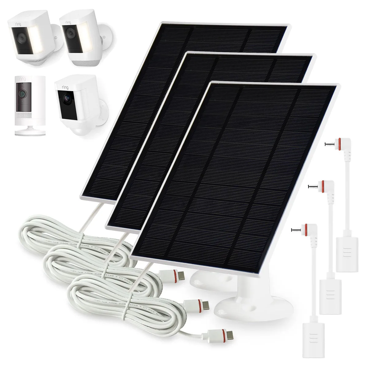 Three white rectangular solar panels with glass fronts and mounting brackets