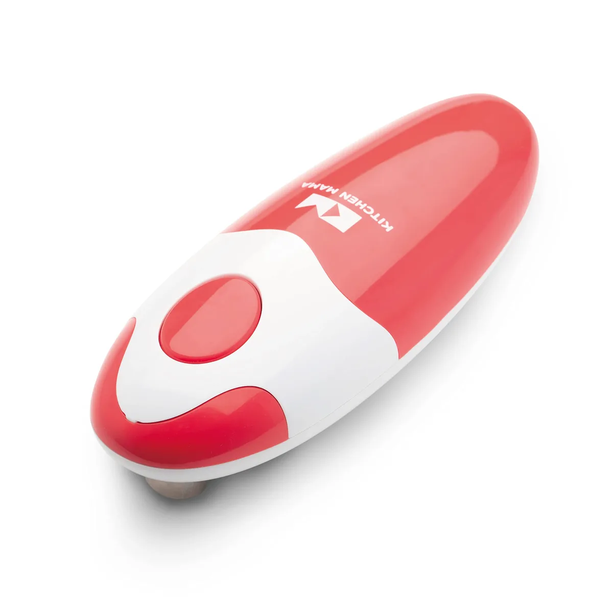 Red automatic can opener, compact smooth plastic body, side-cut blade visible, stands upright