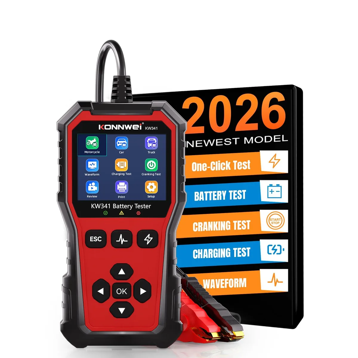 Rectangular handheld battery tester, dark casing, backlit LCD screen, heavy copper clamps, USB port visible