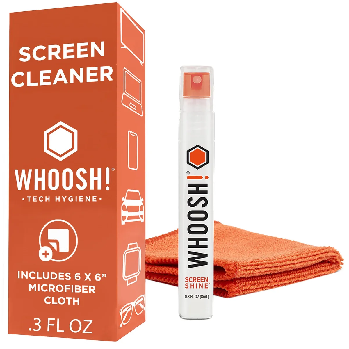 White pocket-size spray bottle with microfiber cloth