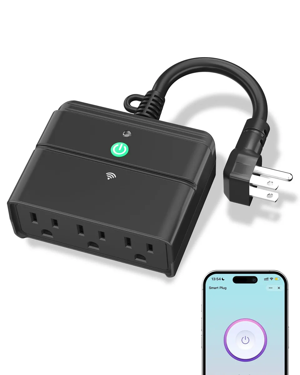 Rectangular white outdoor smart plug with three covered outlets and a short cord