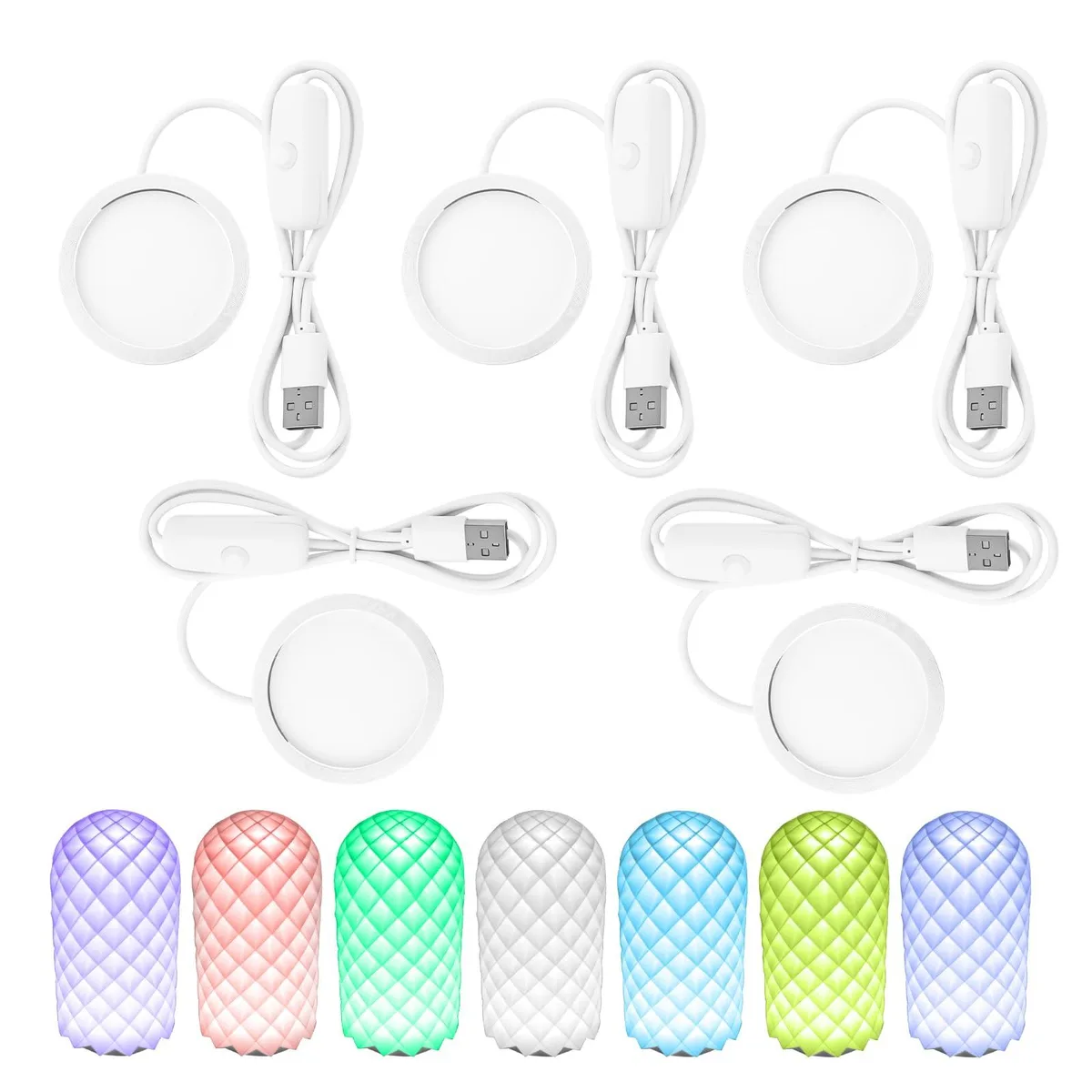 Five small rectangular RGB LED modules with USB cables and a remote control
