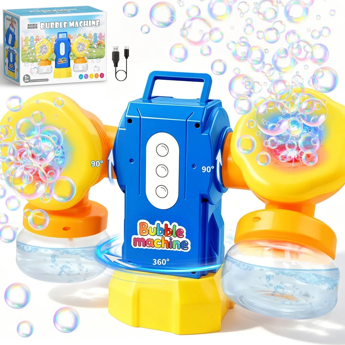 Blue plastic bubble blower with twin nozzles, LED strip and carry handle