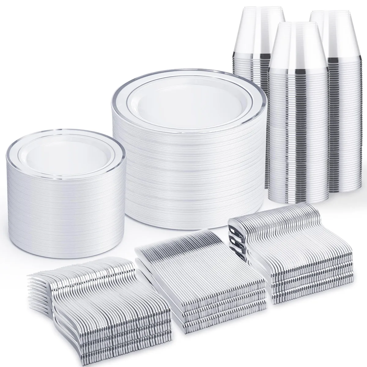 Silver disposable flatware set for 100 guests, 600 pieces, polished finish