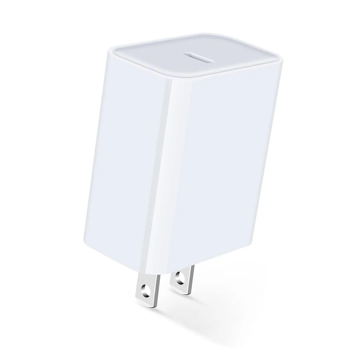 Small white rectangular USB-C wall charger with folding prongs