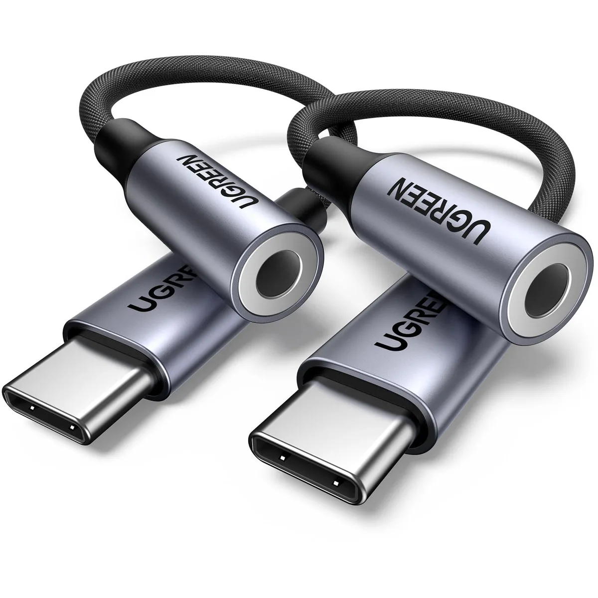 Two grey braided USB-C to 3.5mm audio adapters with inline controls