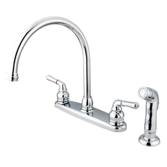 Polished chrome double-handle kitchen faucet with side sprayer
