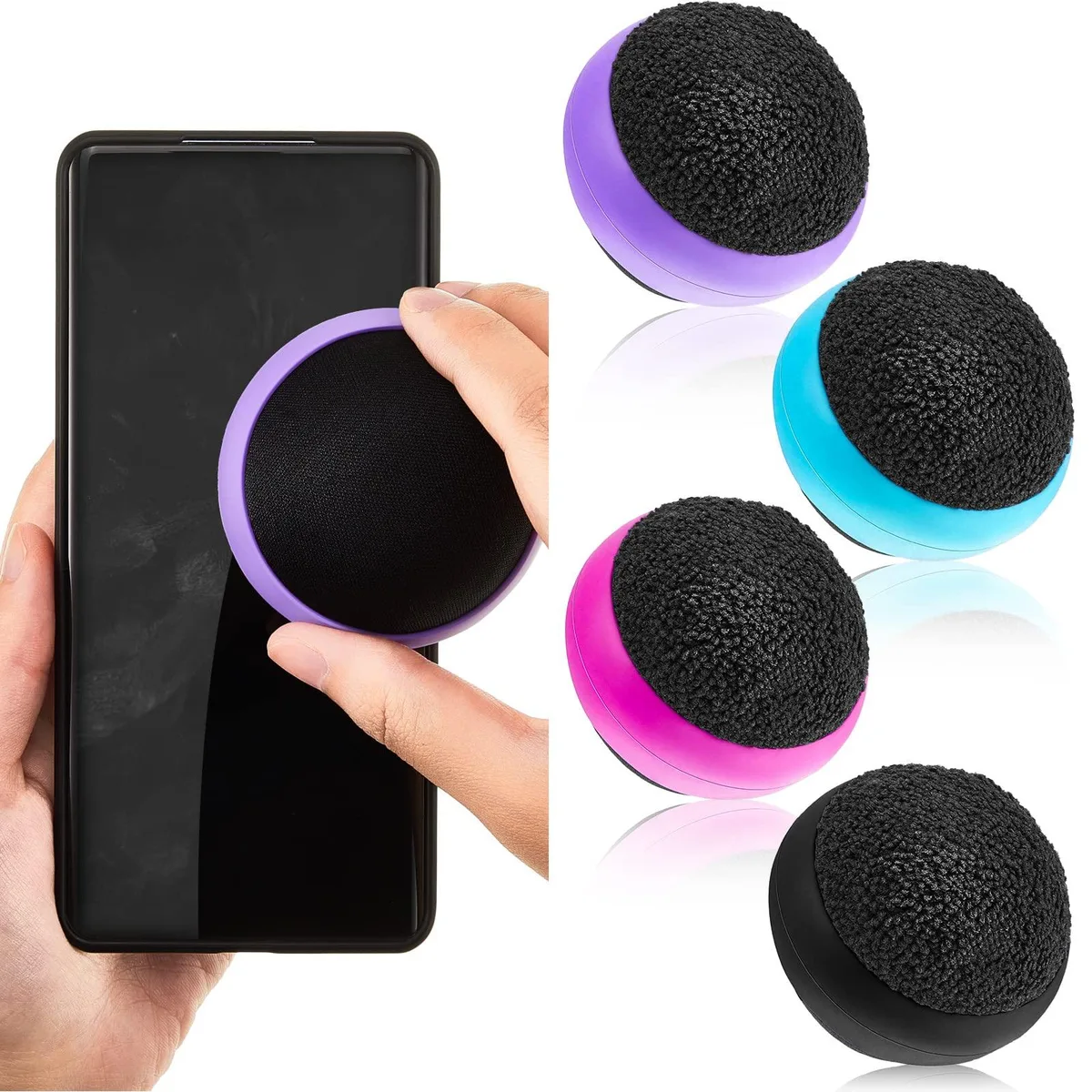 Four spherical microfiber cleaning balls in black blue rose red and purple
