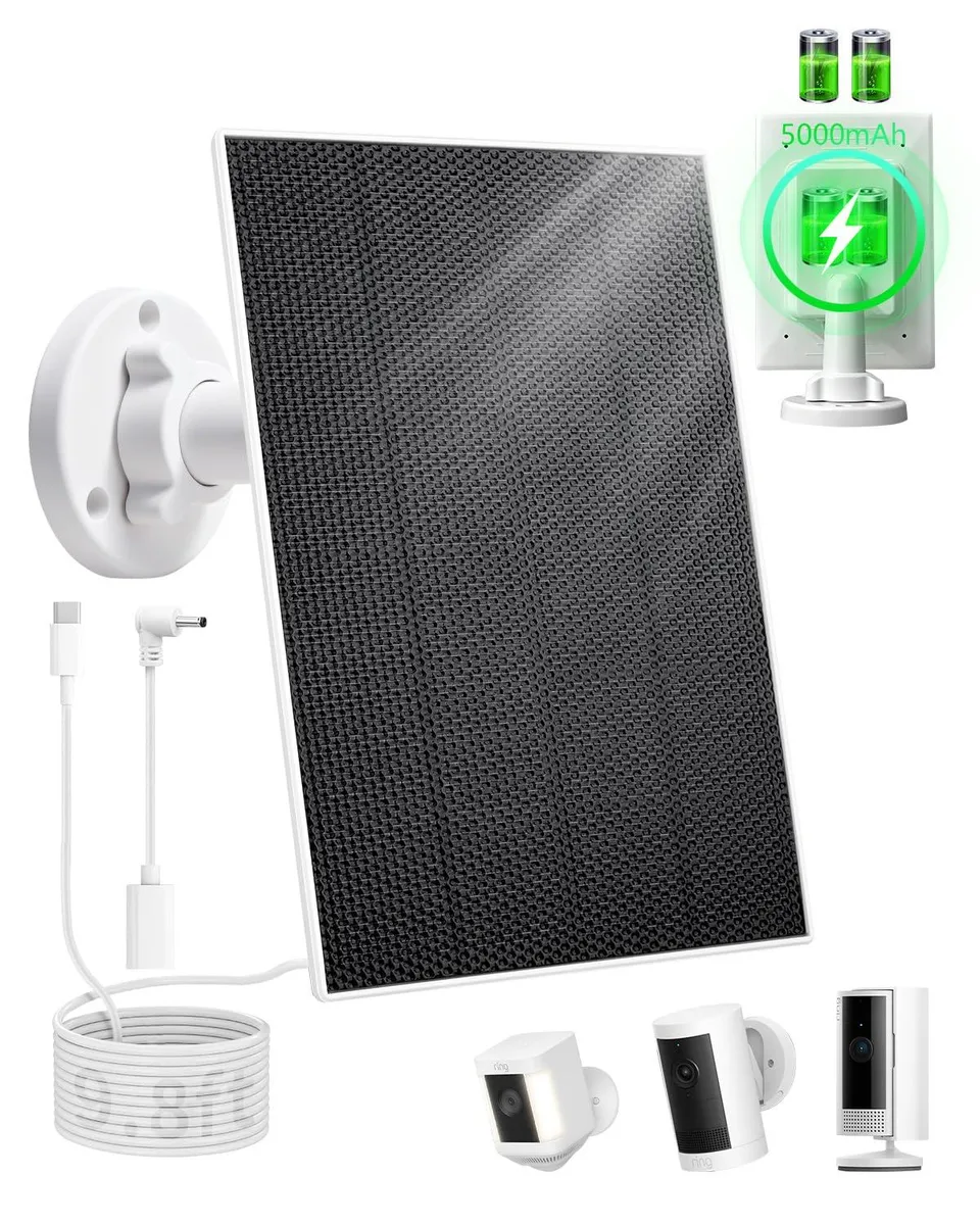 Rectangular black solar panel with adjustable bracket and 9.8ft cable