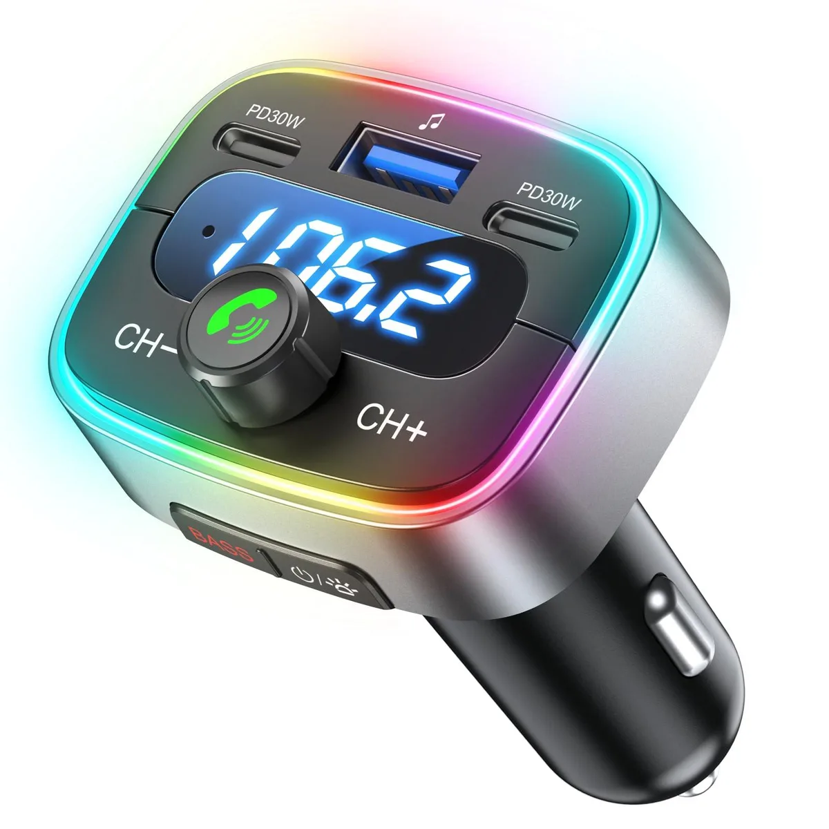 Small black plastic car adapter with USB ports and LED lighting