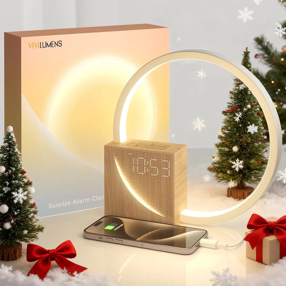 Rectangular wood-grain digital alarm clock with light tube and touch controls