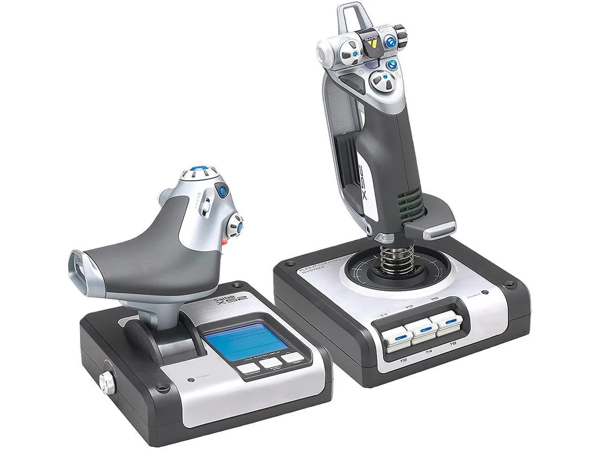 White flight stick and throttle unit with LCD display, adjustable grip and dual-spring centering