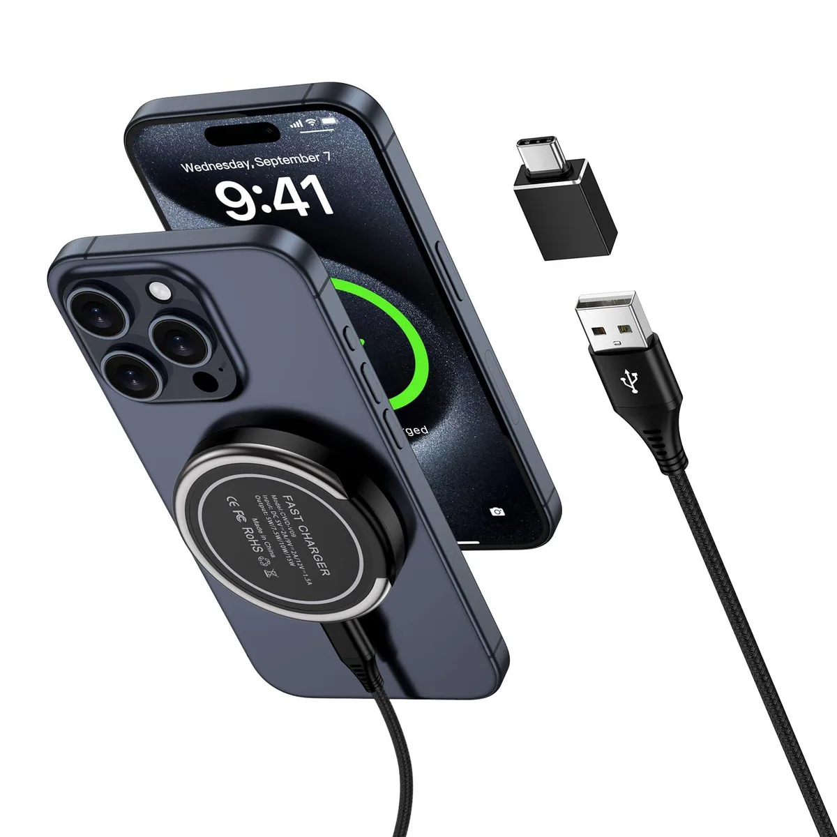 Slim white magnetic charging stand with angled cradle and Type-C cable