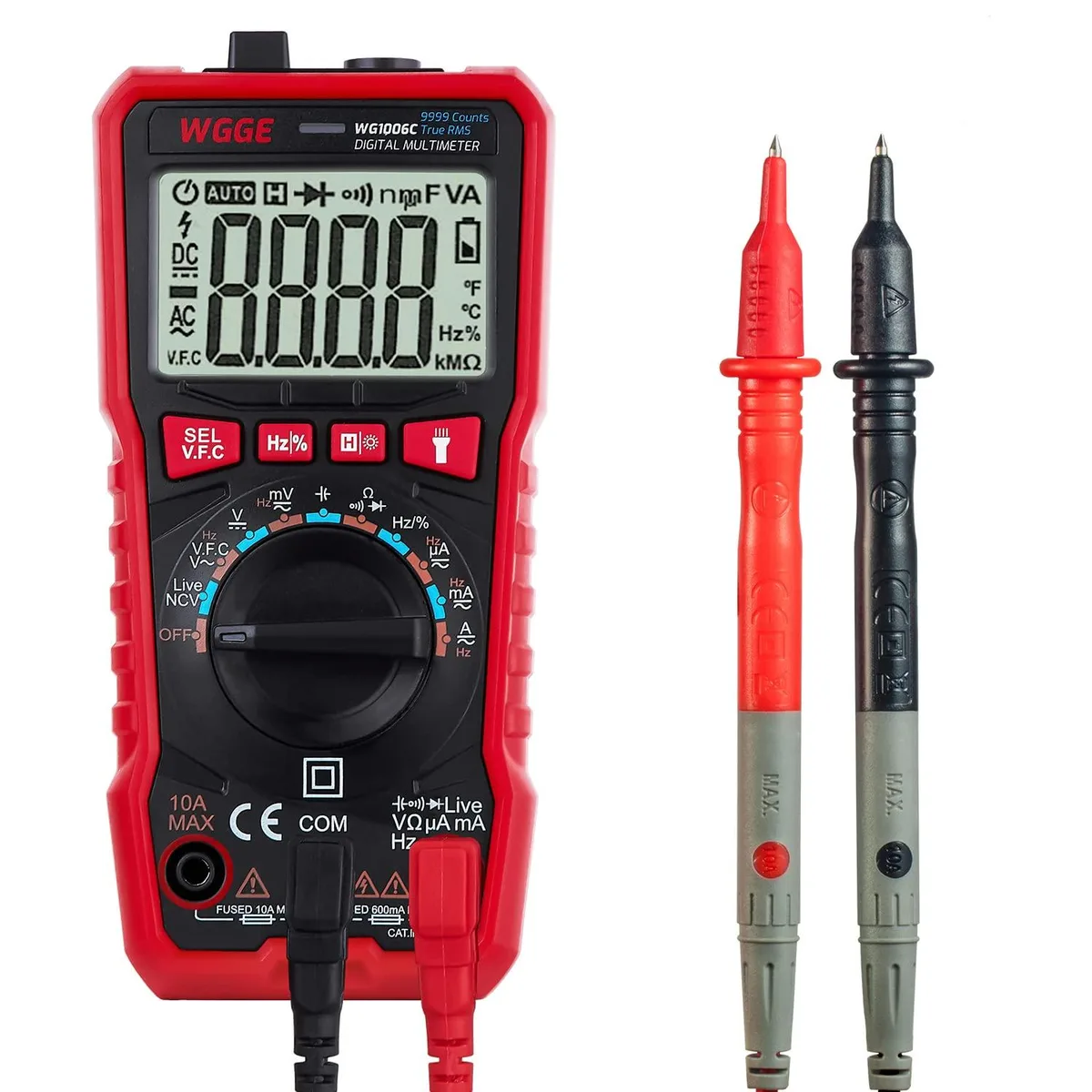 Orange digital multimeter with backlit LCD screen, red test leads, and adjustable kickstand