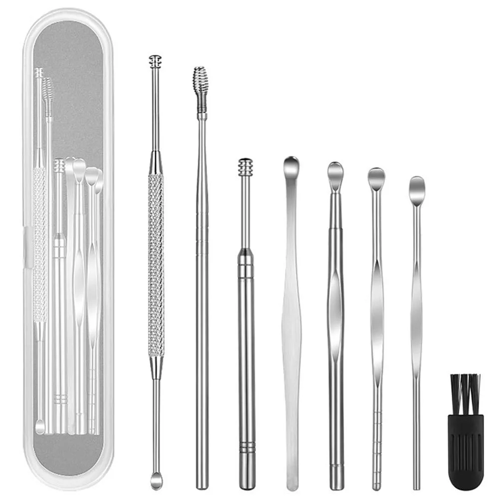Eight stainless steel ear curettes with brush in compact storage box