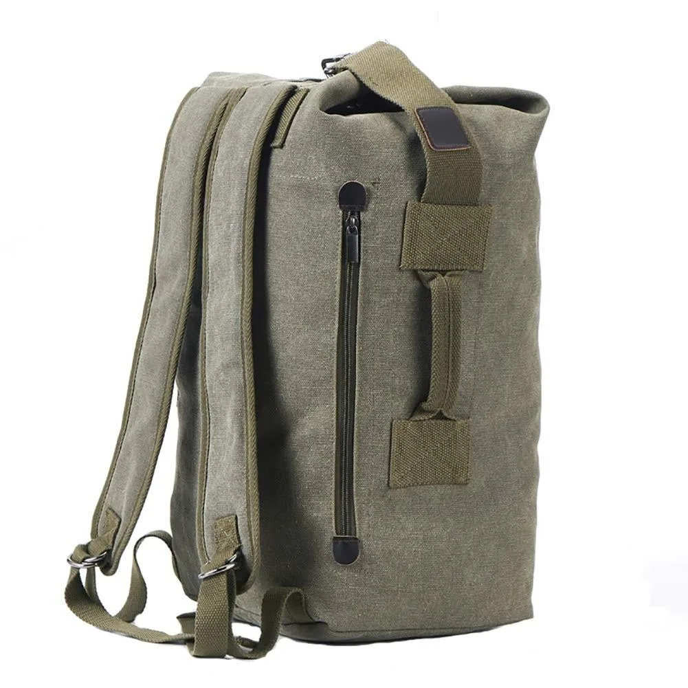 Army green canvas duffel backpack, barrel shaped, double straps, side zip pocket