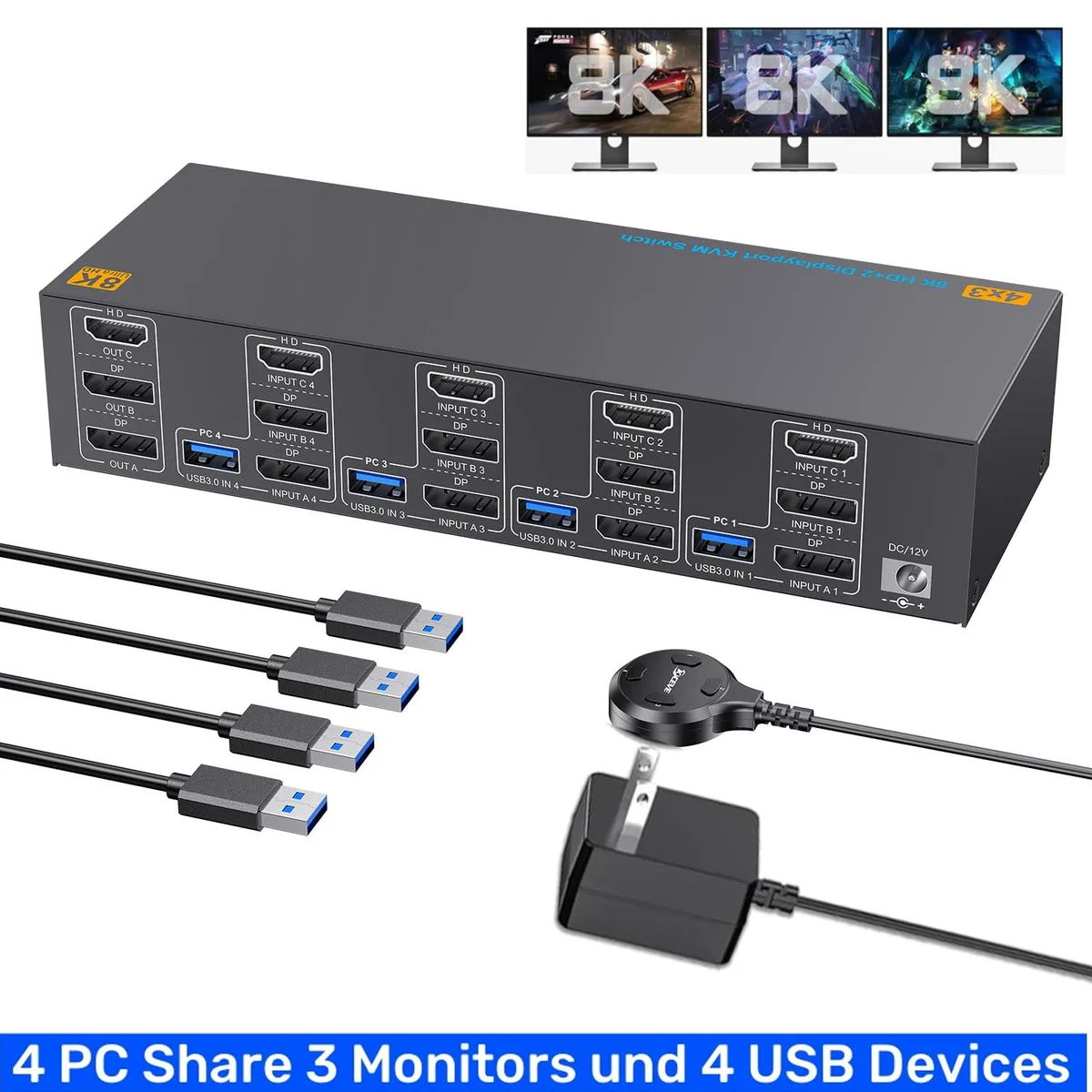 Hitoor Hitoor 4-PC 3-Monitor KVM Switch 4K@144Hz 8K@60Hz HDMI 2.1 DP 1.4 — product photo