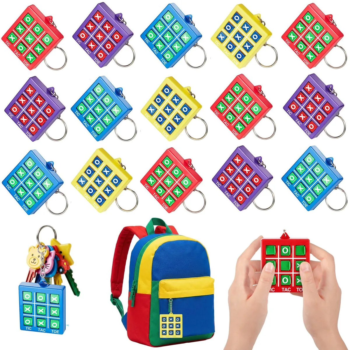 Sixteen small plastic tic tac toe keychains in four classic colours on metal rings