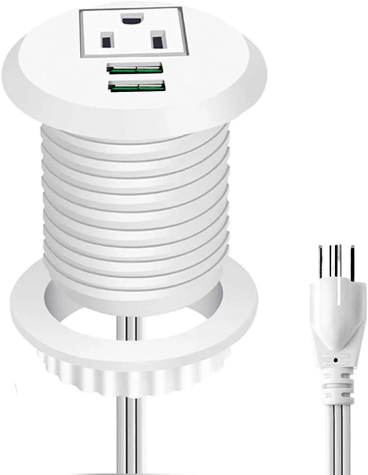 White round desk grommet with one AC outlet and two USB ports