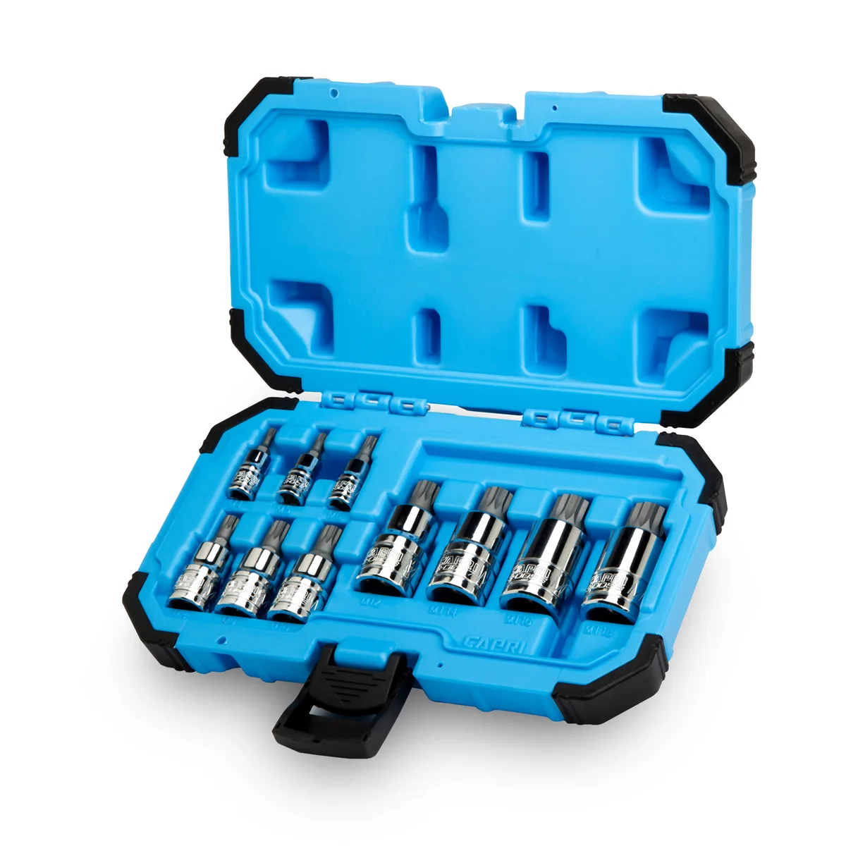 Ten-piece XZN triple-square bit socket set in chrome-finished blow-molded case