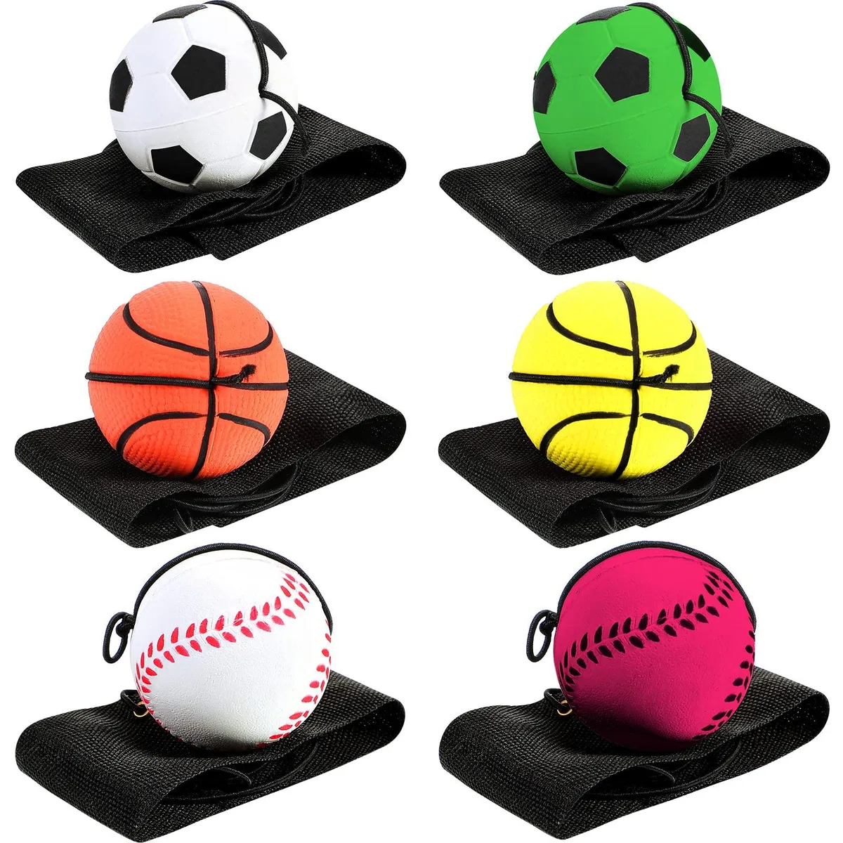  6 Pcs Wrist Return Ball Set 1.85 Inches Rubber Basketball Baseball Football — product photo