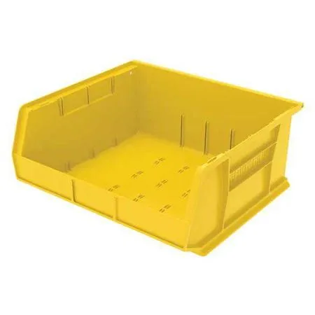 Yellow plastic storage bin with molded label slots and divider channels
