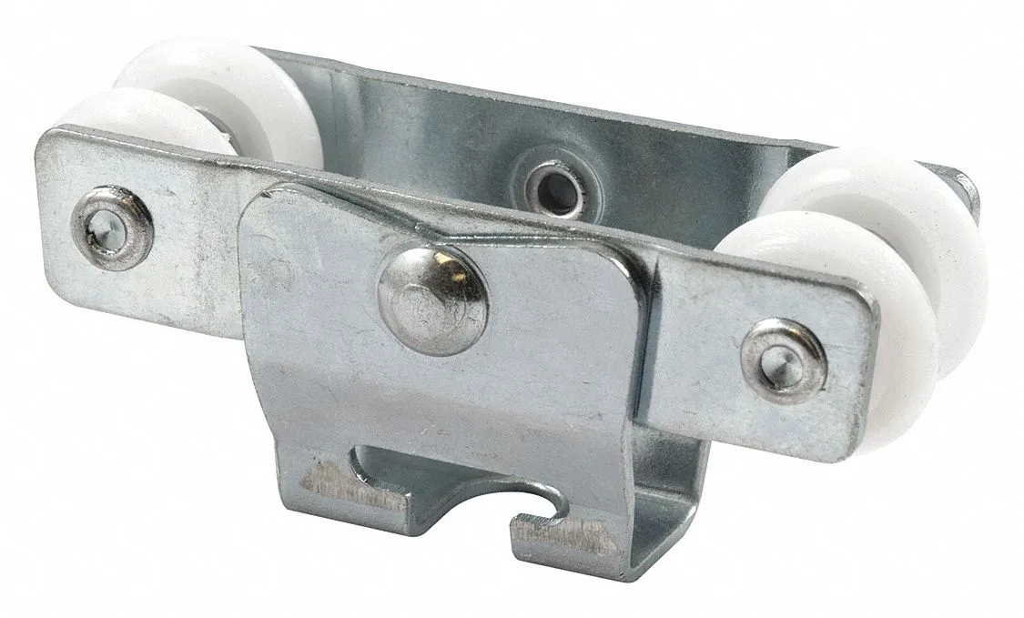 Silver metal closet door roller assembly with two nylon wheels and steel bearings, 3-53/64 inches long
