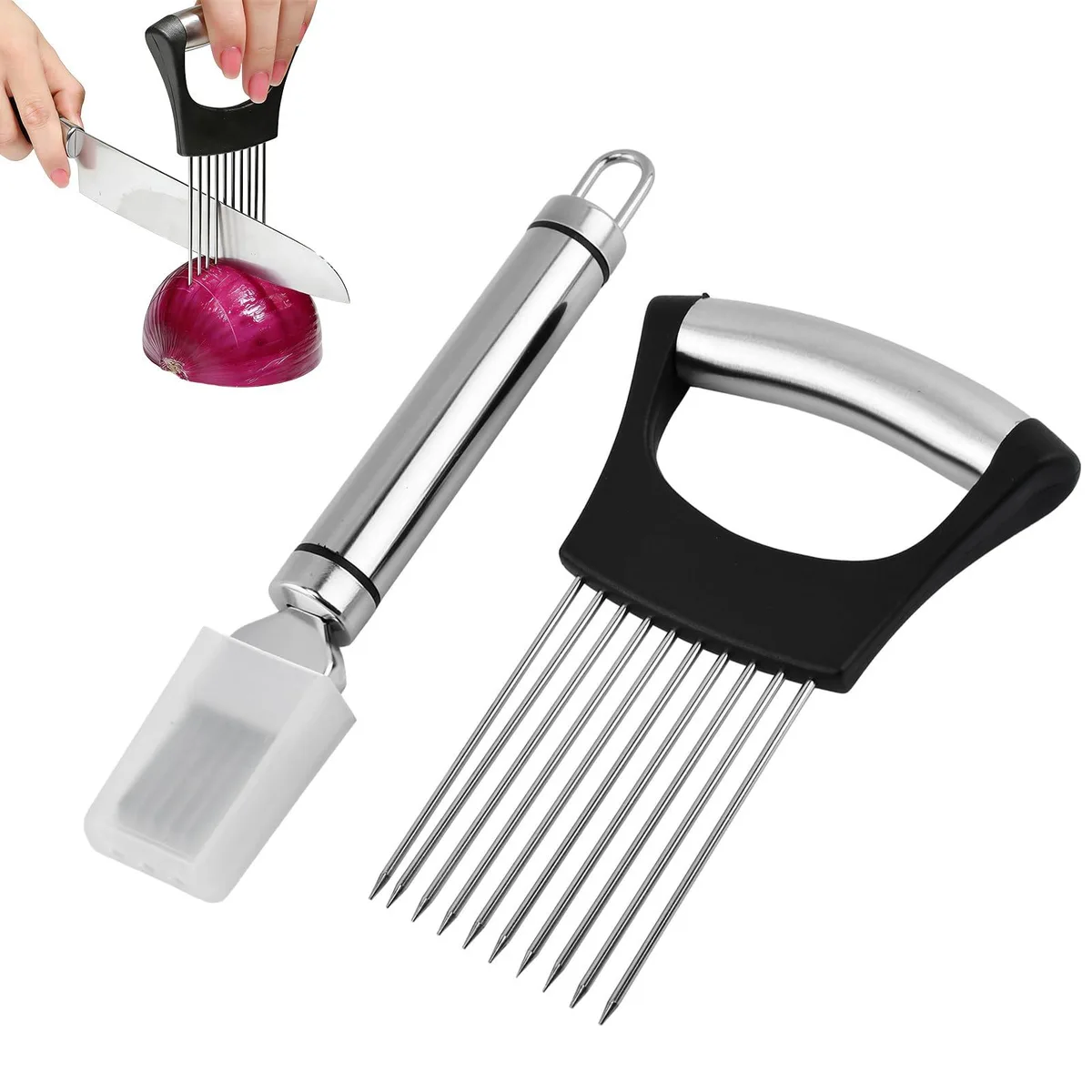 Two silver stainless-steel slicers, one with 14 long needles, the other for scallions, 4.33 x .79 x 5.51 in