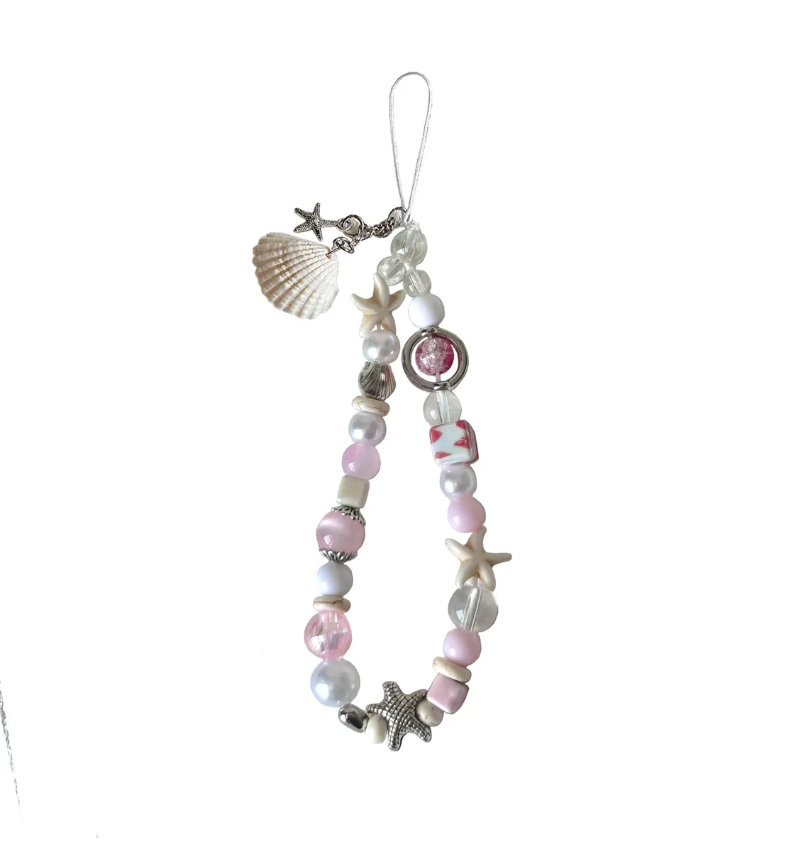 Pink resin starfish charm on beaded lanyard strap