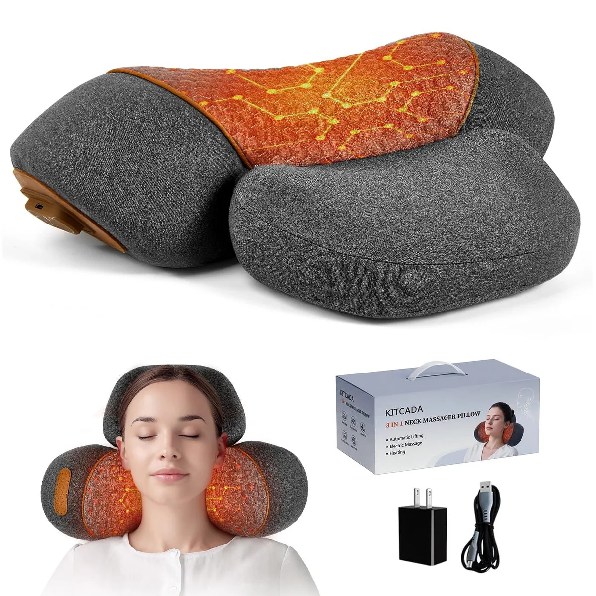 Grey U-shaped neck pillow with integrated control panel and USB-C port