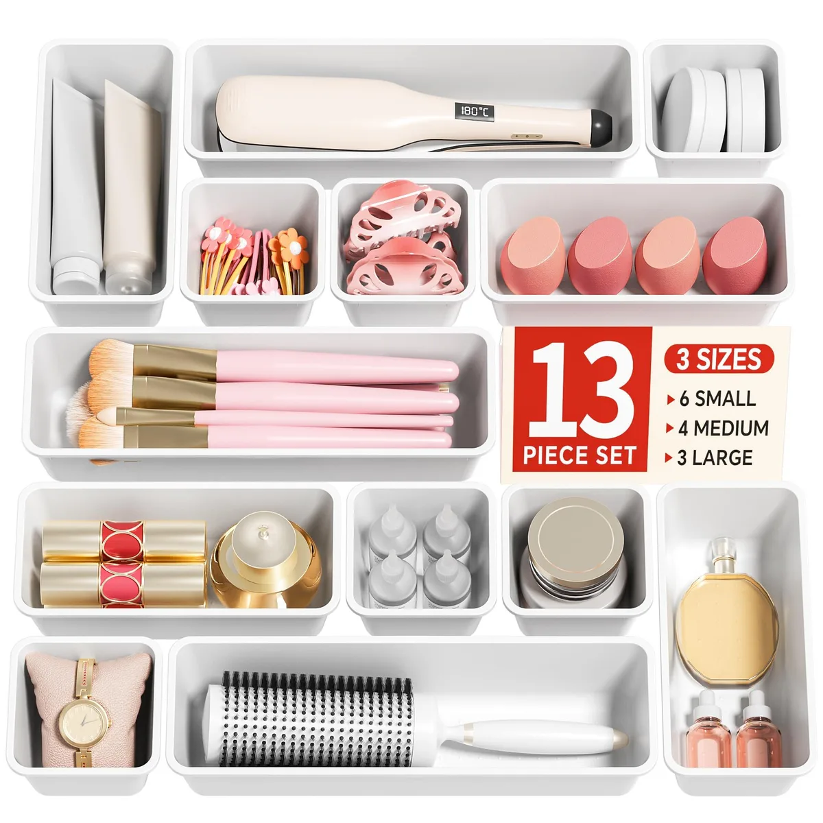 White plastic 13-piece drawer organiser set, three tray sizes, stackable design