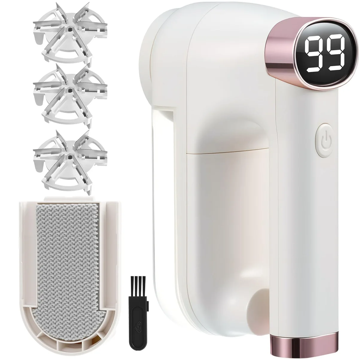 Beige fabric shaver with LED display and six-blade head, ergonomic handle, detachable lint collector and slide-on brush