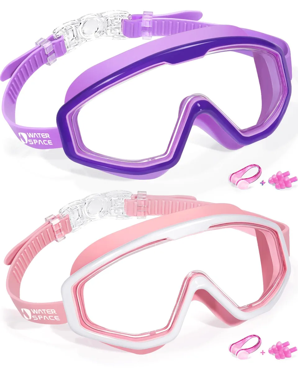 Two pink curved swim goggles with arc lenses, plus ear plugs and nose clips
