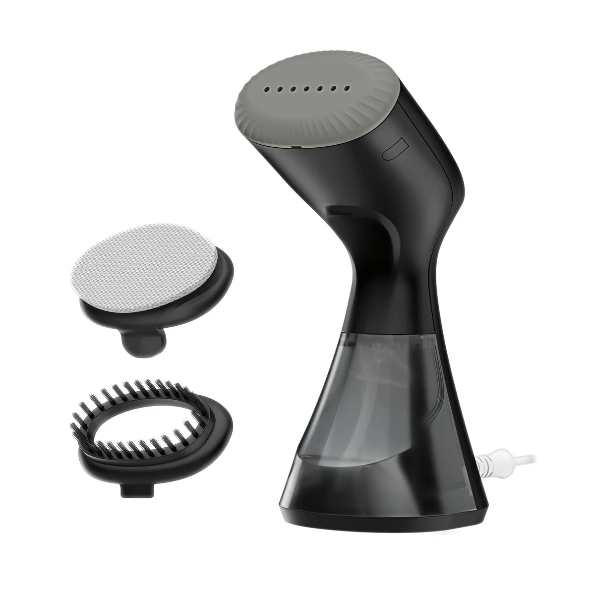 White handheld garment steamer with water tank, long swivel cord, bristle brush and delicates bonnet attachments