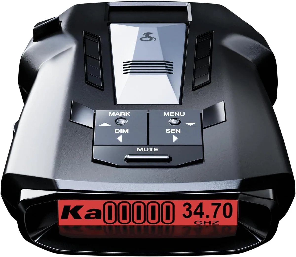 Black rectangular radar detector with OLED display and corded power lead