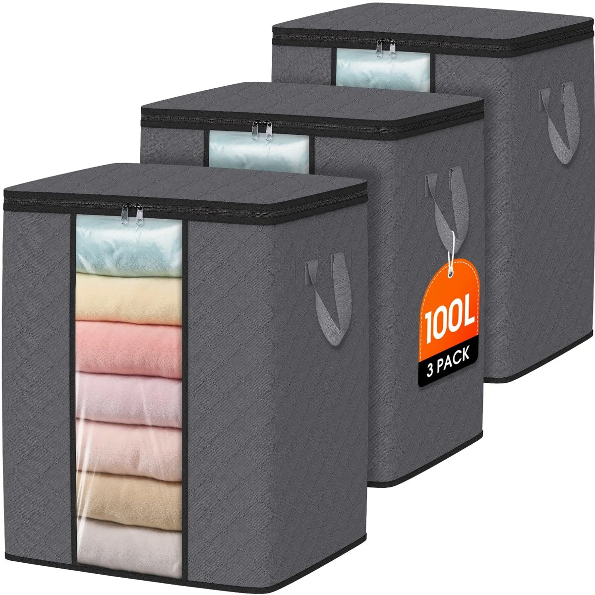 Three grey rectangular fabric storage bags with clear windows and reinforced handles, shown folded flat