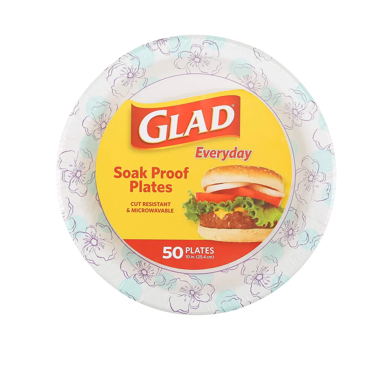 White rectangular plastic plate with blue rim, 10 inch, pack of 30