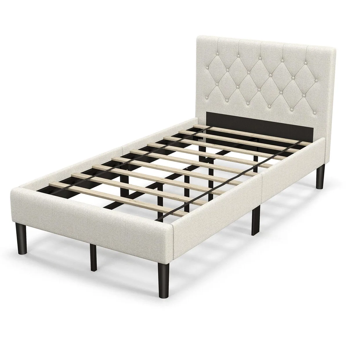 Beige upholstered twin platform bed with button-tufted headboard, wooden slats, metal legs