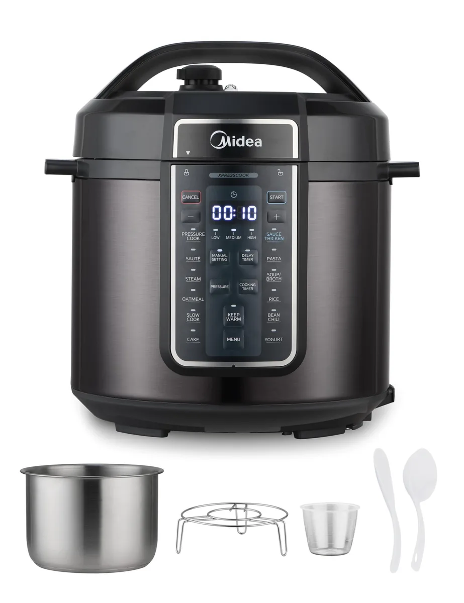 Stainless steel electric pressure cooker, metallic finish, touch control panel, 6-quart capacity