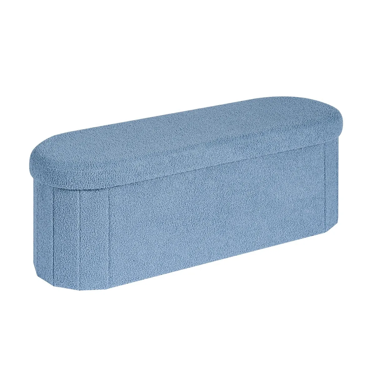 Blue oval fabric storage bench with tufted velvet finish and hidden compartment