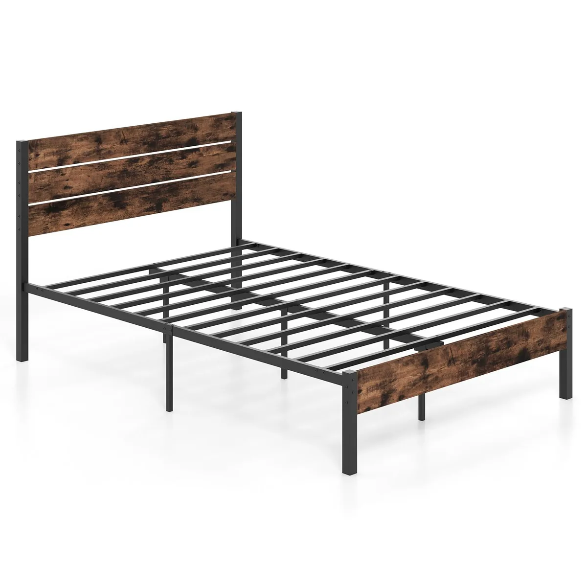 Full-size metal bed frame with tall slatted headboard in rustic brown and black finish
